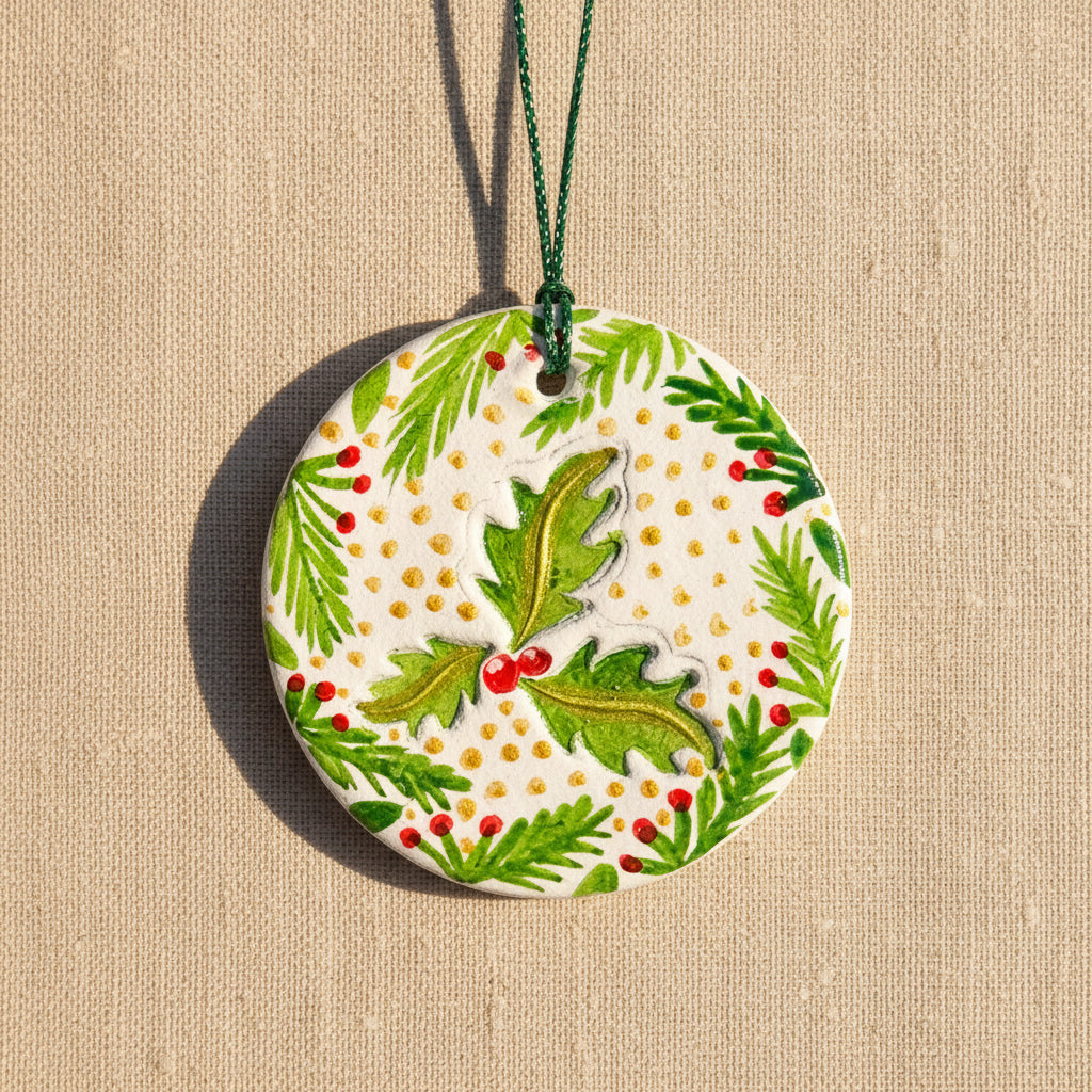 Decorative Christmas ornament with green holly leaves and red berries on a light background