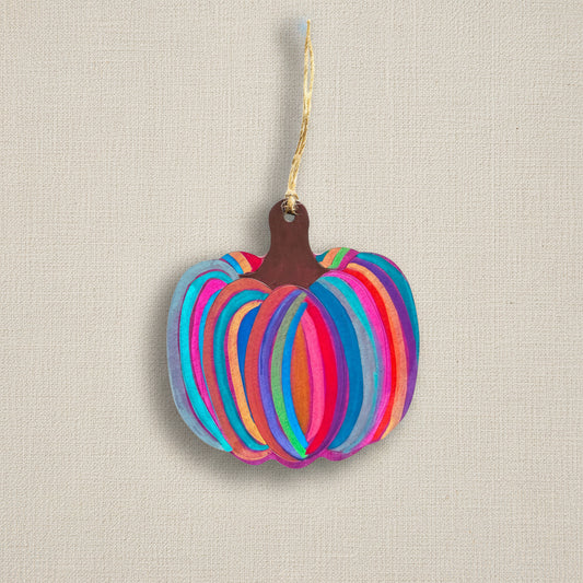 Colourful wooden pumpkin-shaped ornament with a brown stem