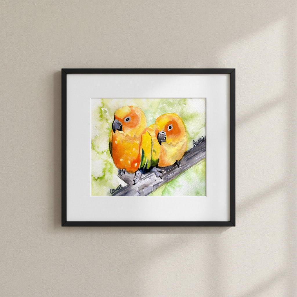 Original watercolour painting of two conure parrots shown framed and mounted on a wall 