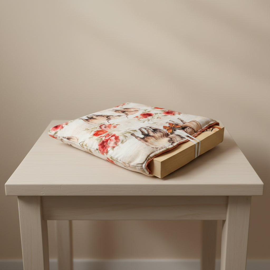 Floral and animal patterned book sleeve shown with book inside resting on a small table 