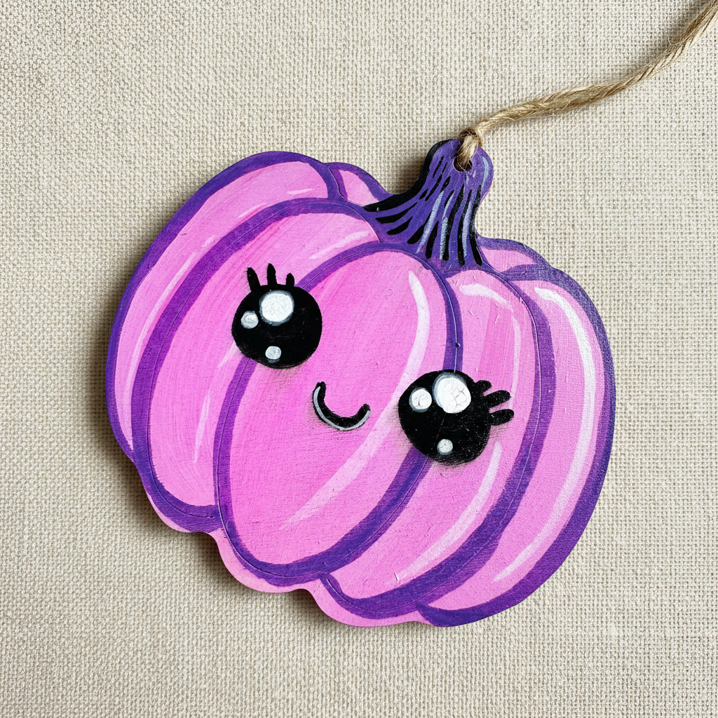 Pink pumpkin with black eyes and a smile