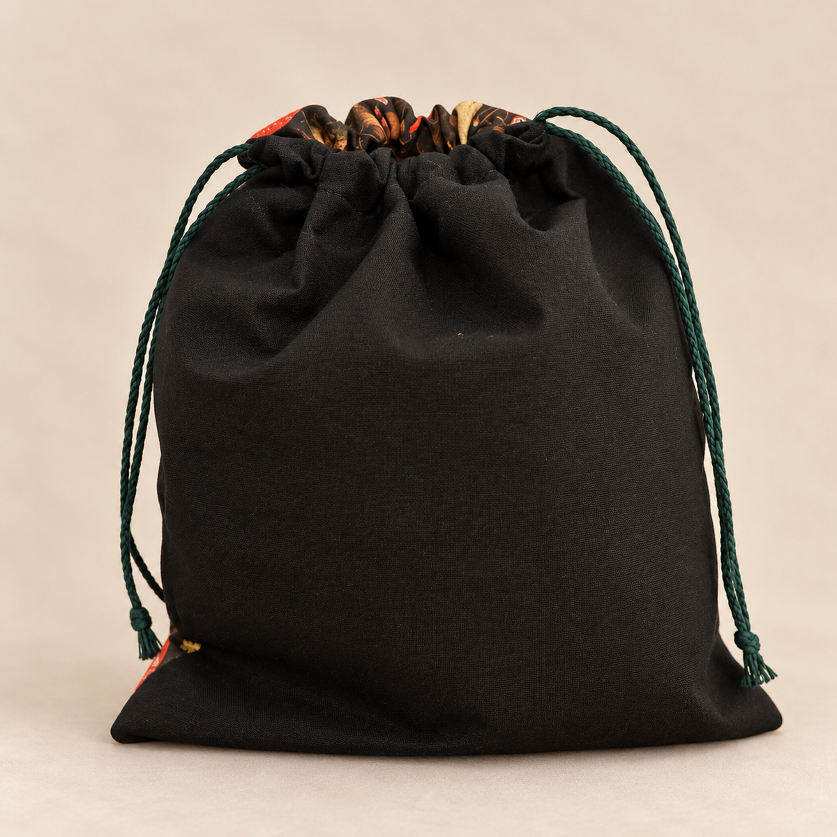 Handmade Woodland Mushroom Drawstring Bag – Black Reversible Style Fabric Pouch