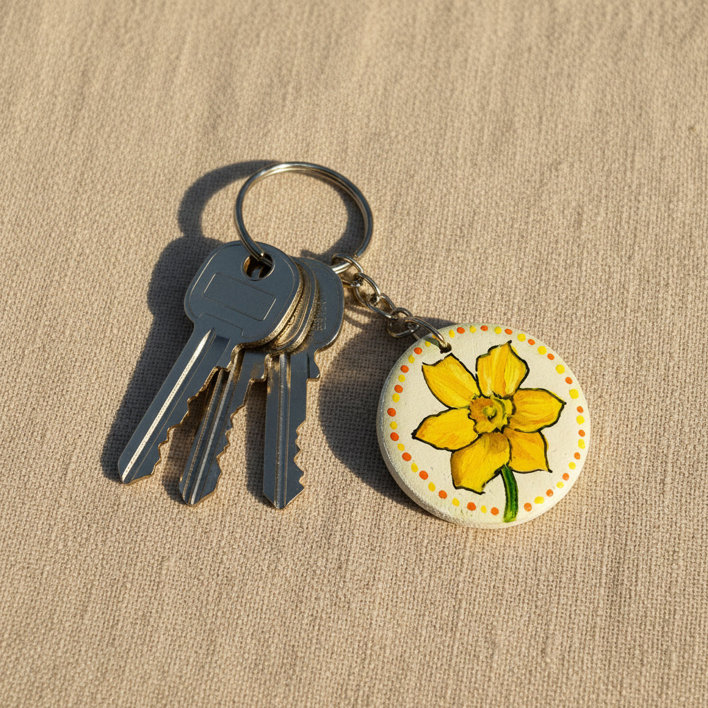 Keychain with a yellow daffodil flower design 