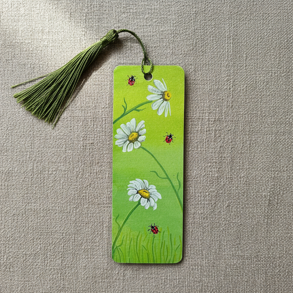 Green bookmark with floral design and ladybugs. And green tassel.