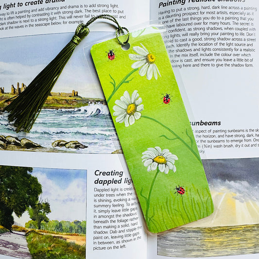 Daisy and ladybird hand painted bookmark.