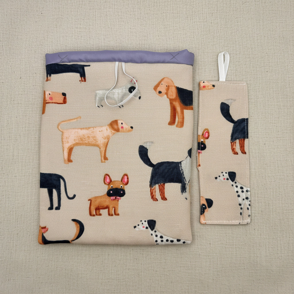 Matching fabric bookmark and kindle cover set with dog themed fabric 