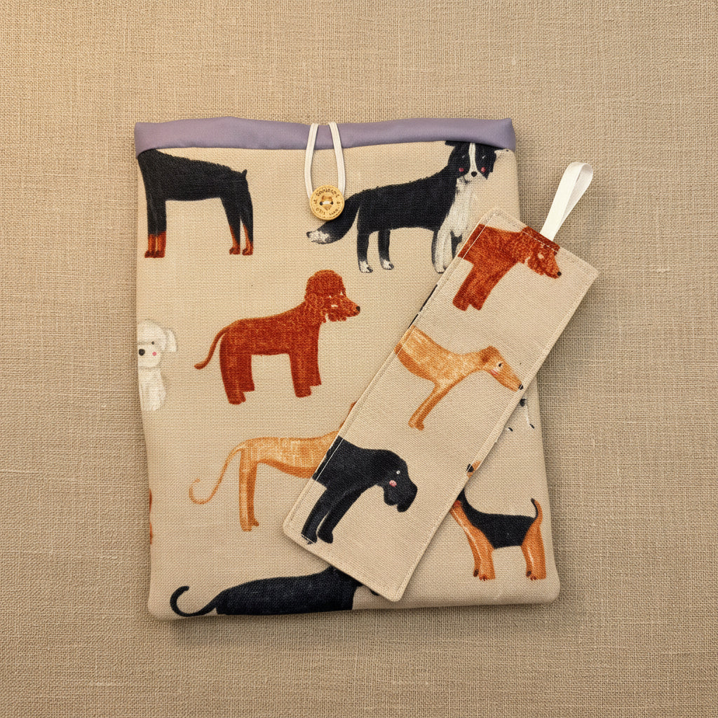 Fabric kindle cover with dog illustration themed fabric and matching bookmark 