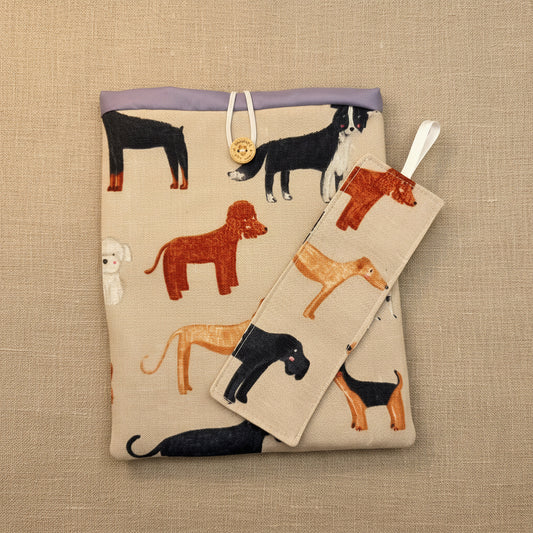 Fabric kindle cover with dog illustration themed fabric and matching bookmark 