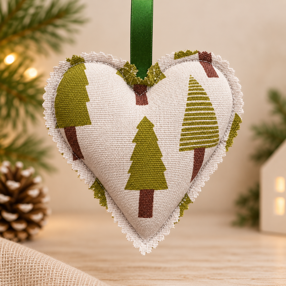 Handmade Green Christmas Tree Fabric Heart Ornament