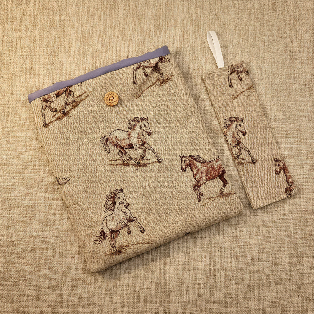 Two fabric items, a kindle cover and matching bookmark with horse patterns on a natural background