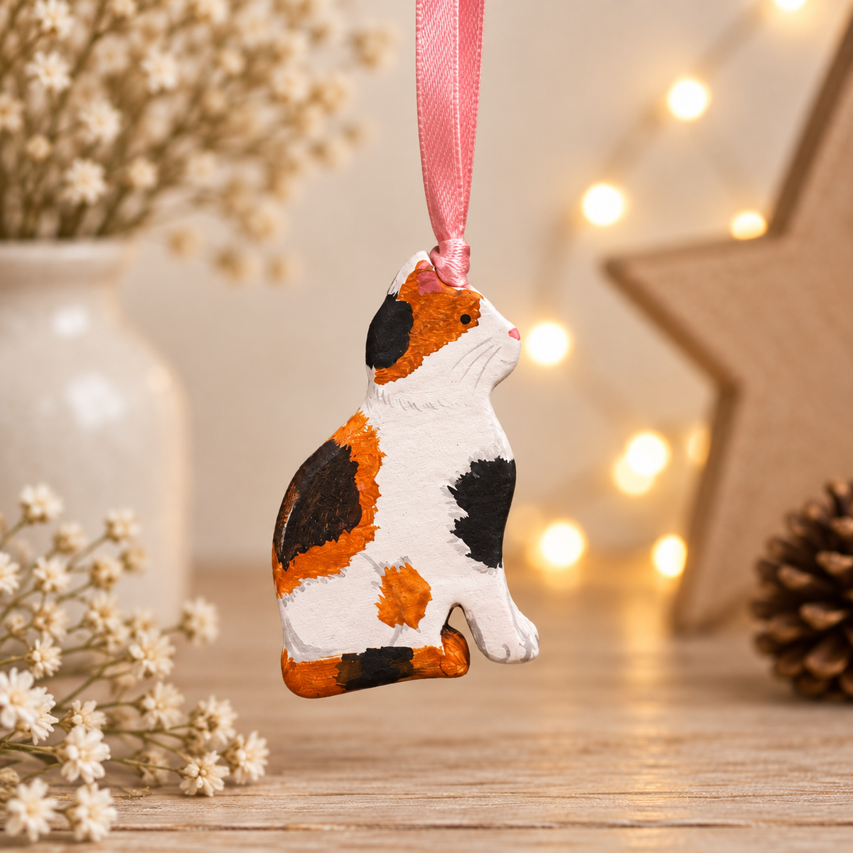 Handmade Calico Cat Clay Christmas Ornament – Pink Ribbon