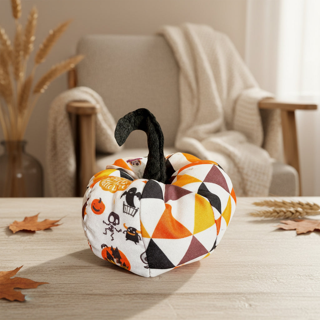 Fabric patchwork style pumpkin decoration with felt stalk