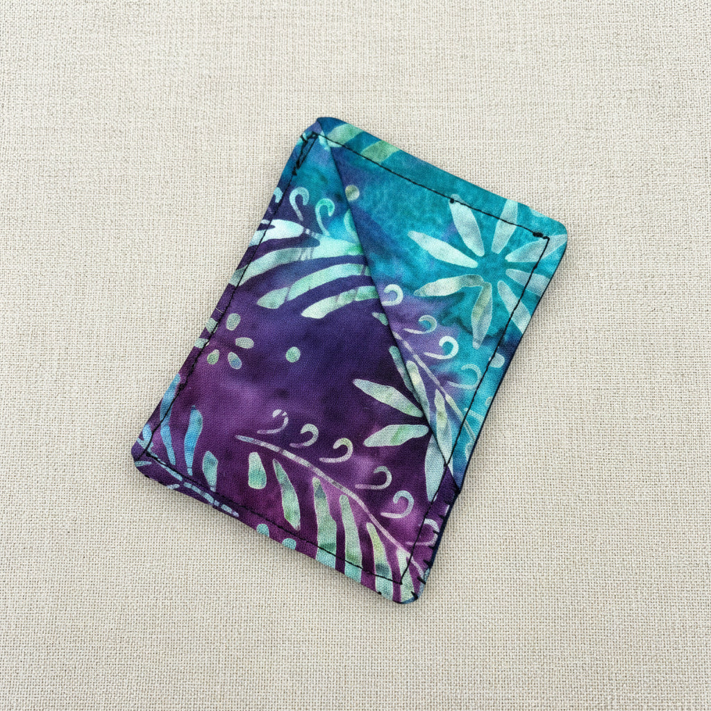fabric corner bookmark with purple and blue leaf pattern, rectangle shape 
