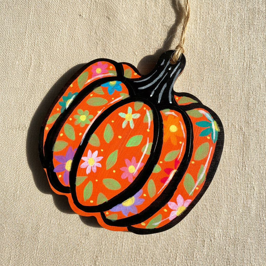 Decorative wooden pumpkin ornament with floral pattern 