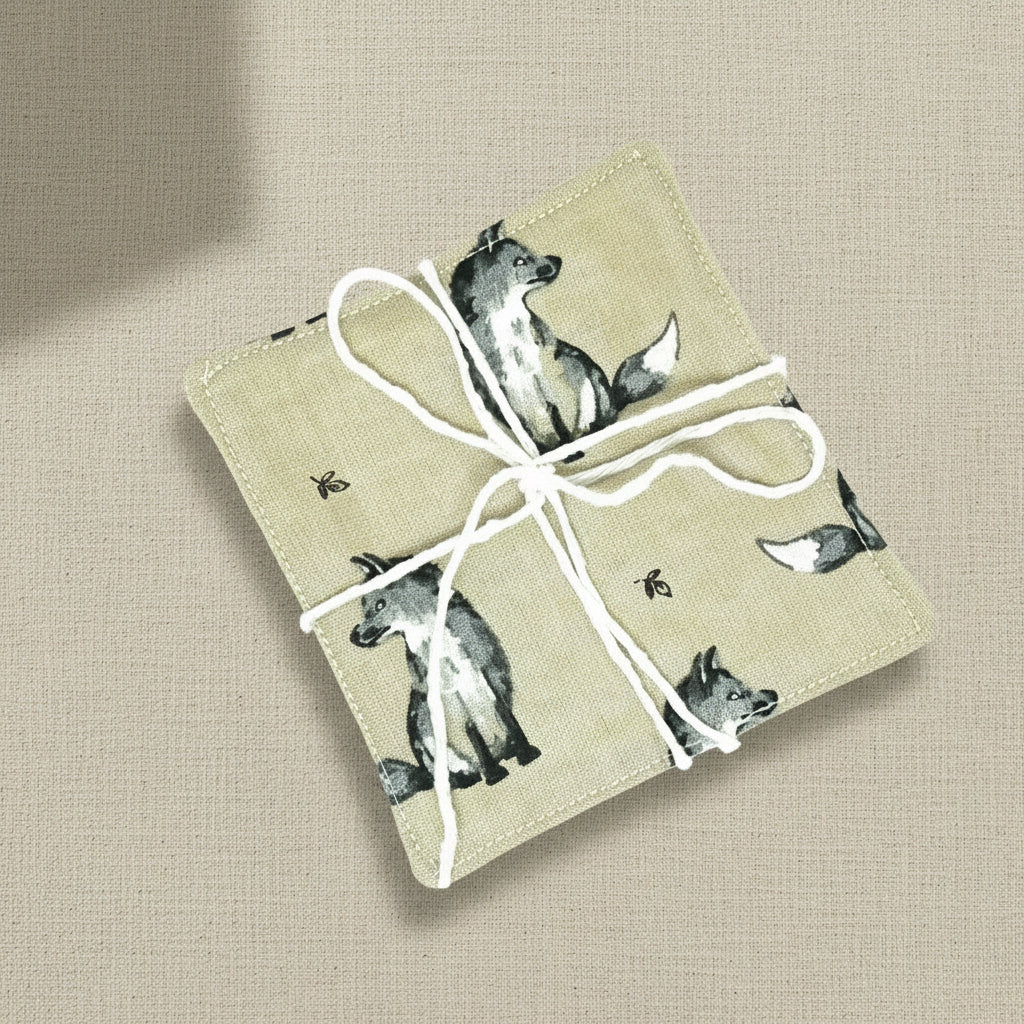 Two pack of fox themed reusable face wipes tied together with twine 