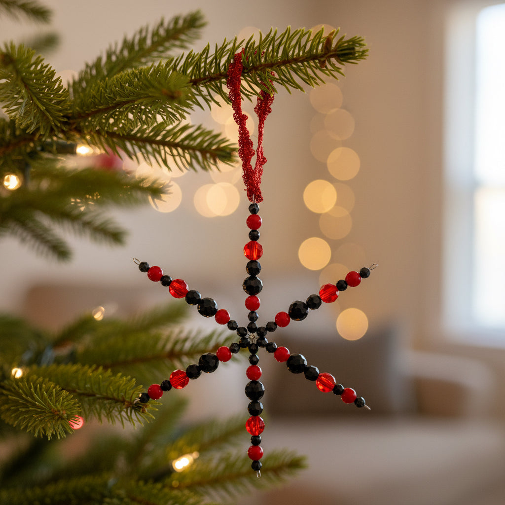 Black and red beaded snowflake decoration with a red ribbon 
