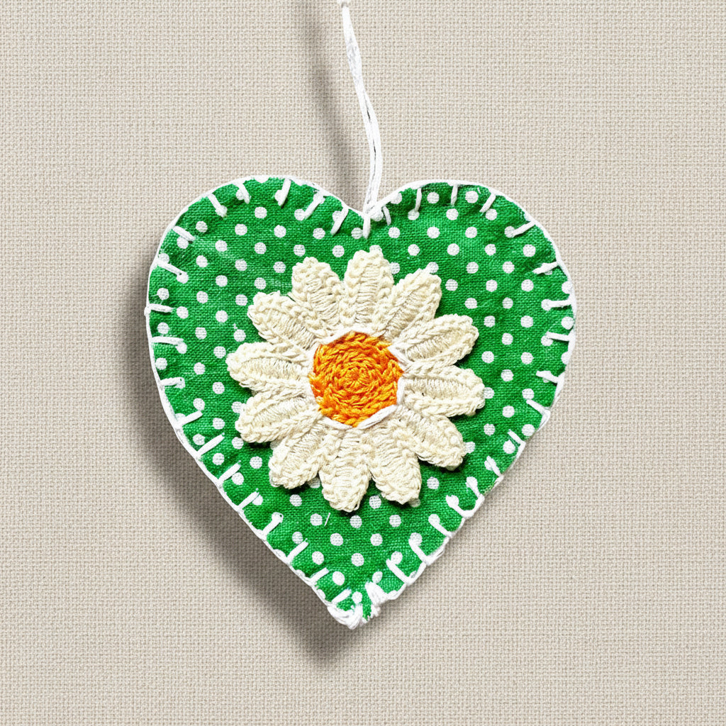 A hand-stitched heart-shaped decoration featuring a green and white polka dot background with a central daisy motif.
