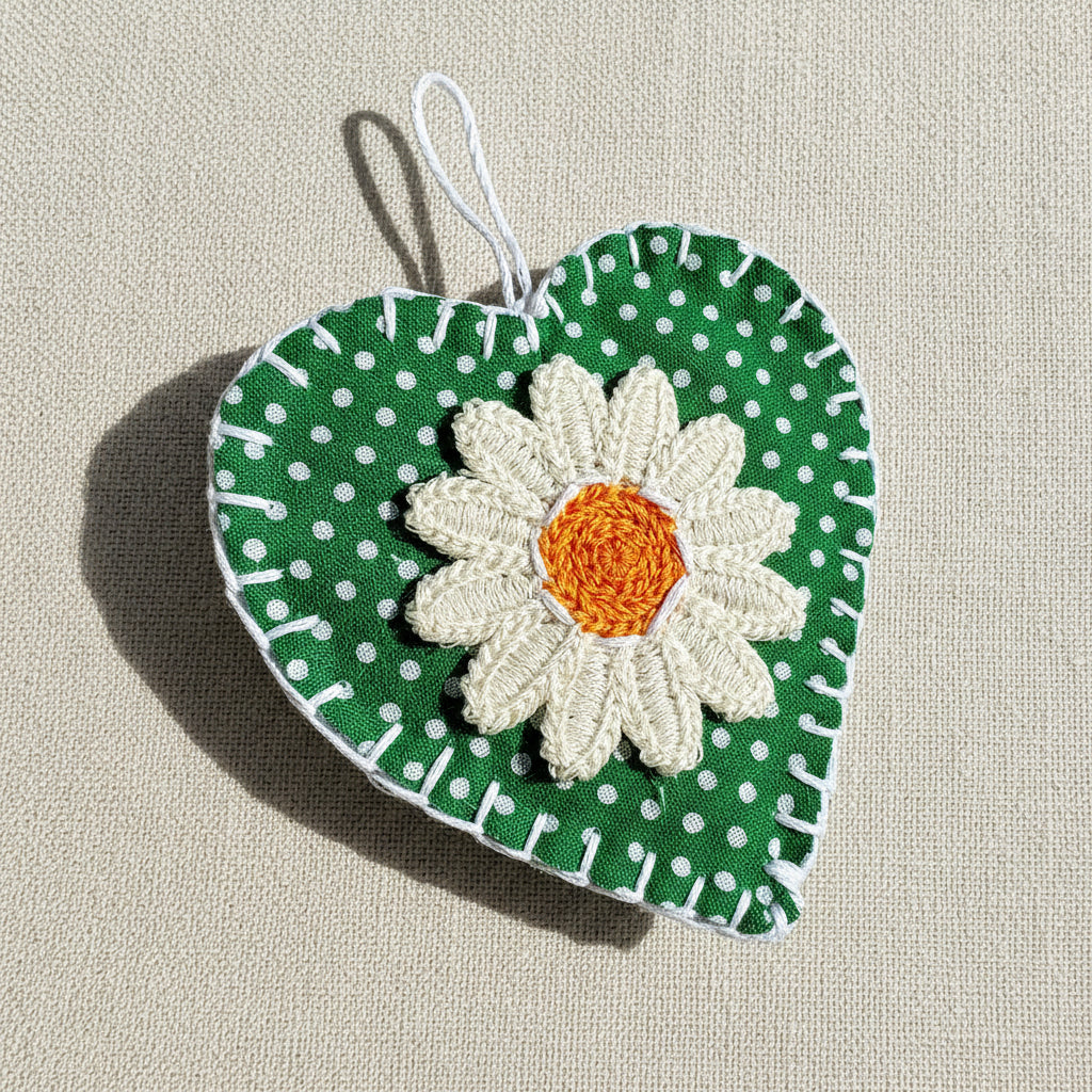 Flat un-stuffed heart decoration, fabric front, felt back, daisy motif on the front 