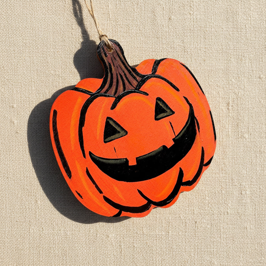 Pumpkin-shaped wooden ornament with a carved style painted face