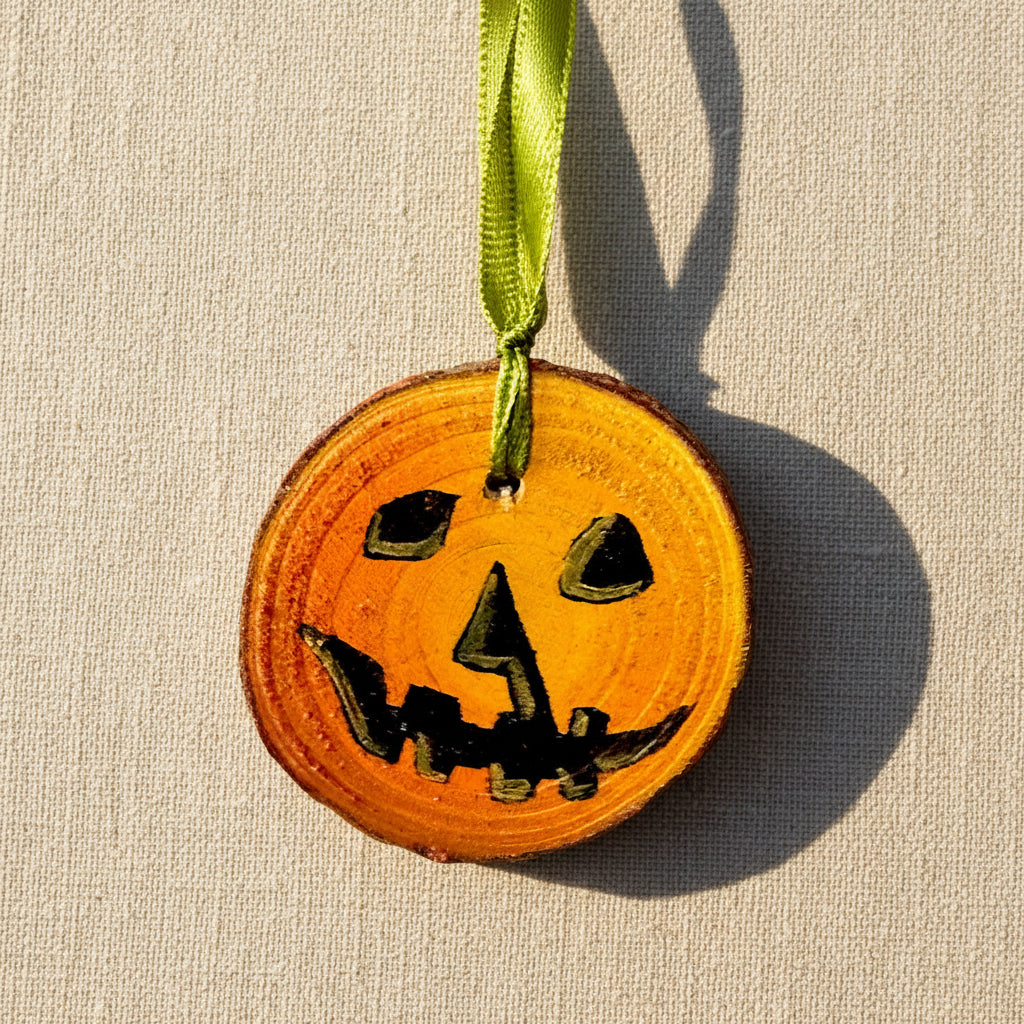 Hand painted Halloween pumpkin on wood slice with green ribbon 
