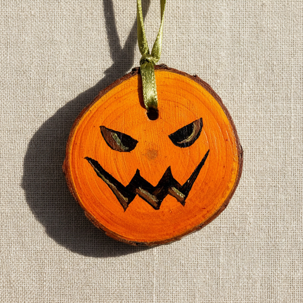 Hand painted pumpkin wood slice with green ribbon 