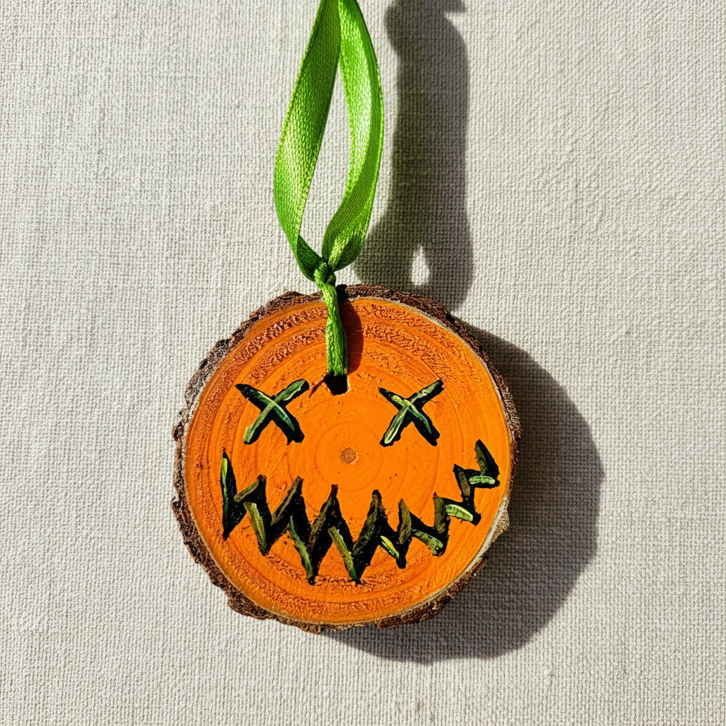 Hand painted wood slice with Halloween pumpkin details and green ribbon to hang