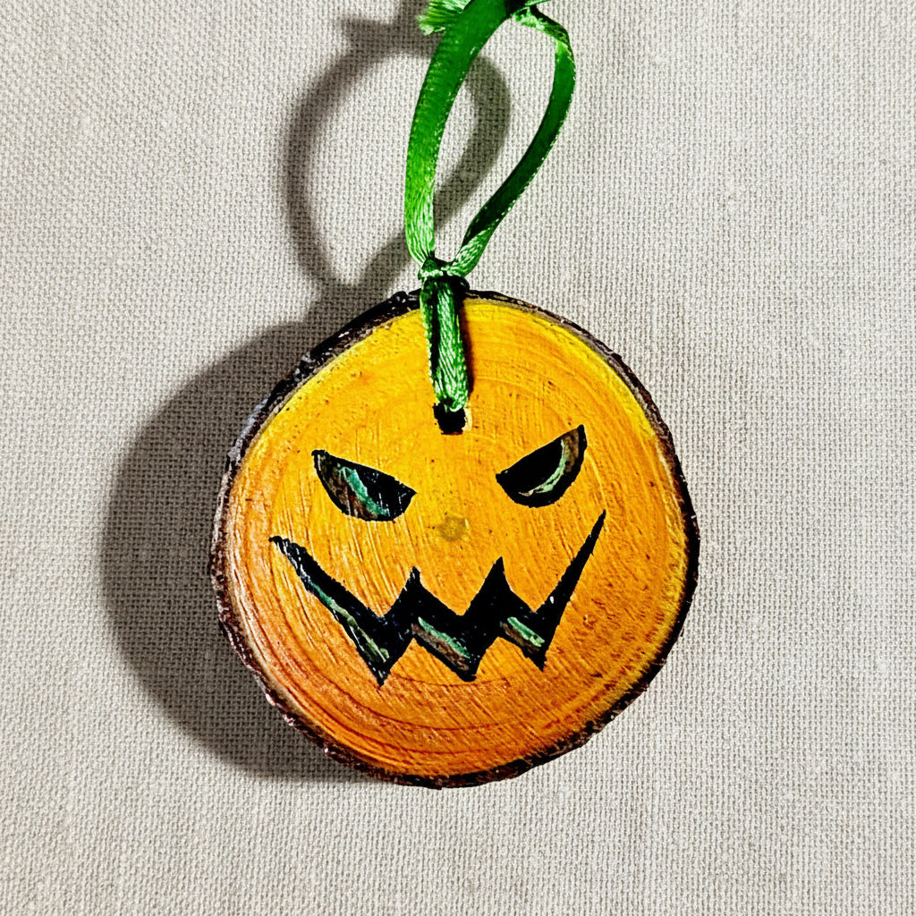 Halloween pumpkin painted wood slice with green ribbon 