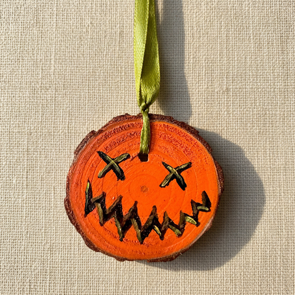 Wood slice painted with Halloween pumpkin details and green ribbon to hang