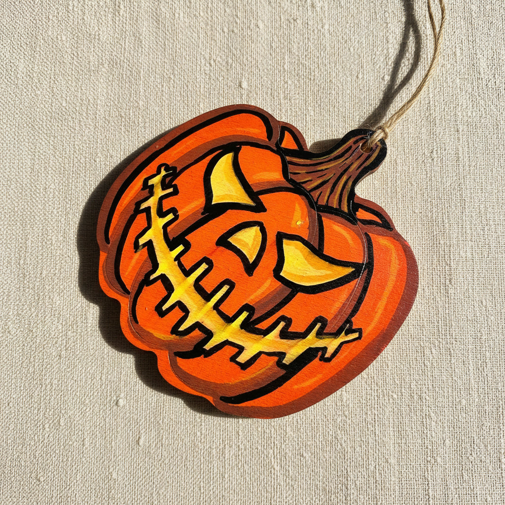 Pumpkin-shaped wooden ornament with a carved style painted face