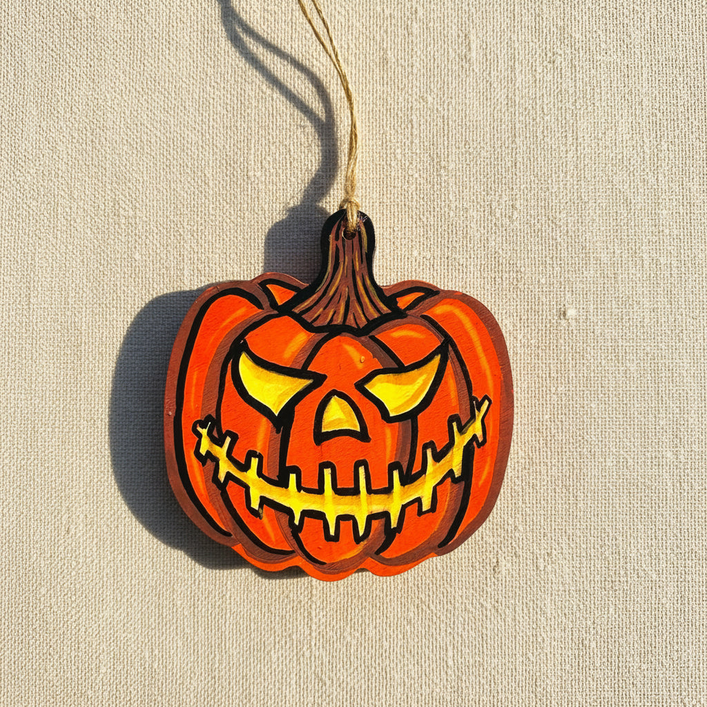 Halloween wooden pumpkin ornament with carved style painted face