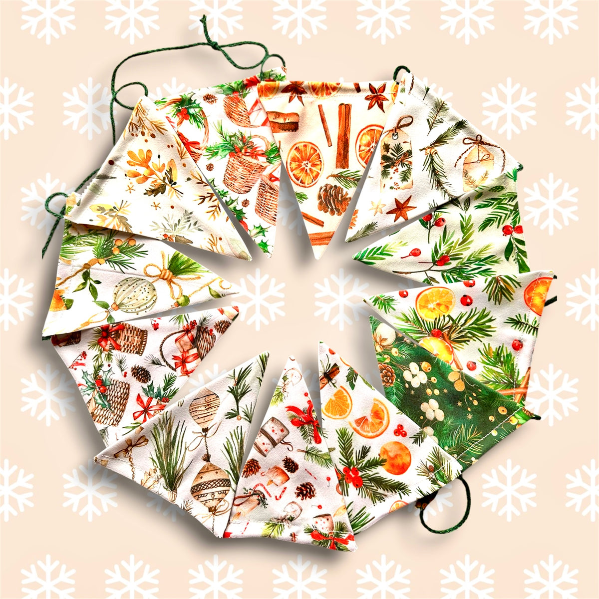 Fabric 12 flag bunting with co ordinating Christmas fabrics and dark green twine to hang