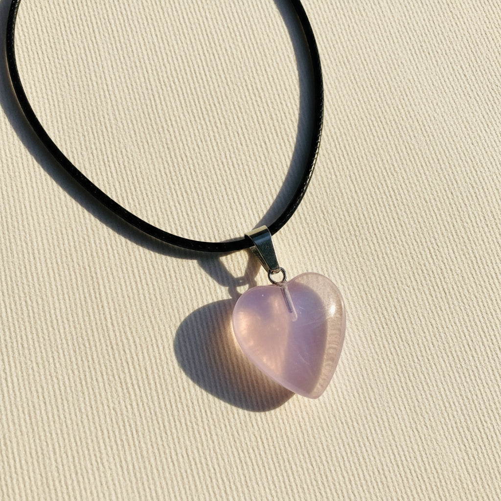 Heart-shaped pendant on a black cord against a neutral background