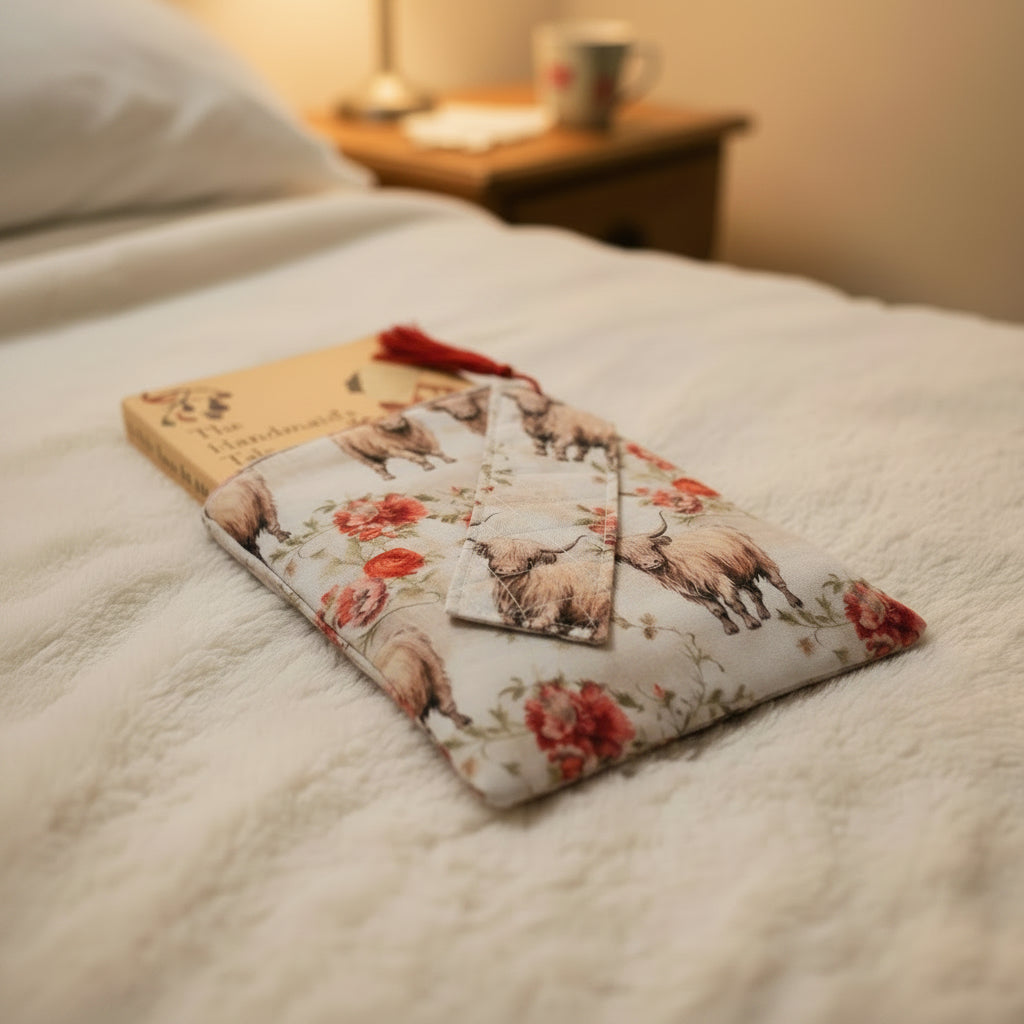 Book sleeve and matching bookmark, both made from highland cow themed fabric. Shown on a bed