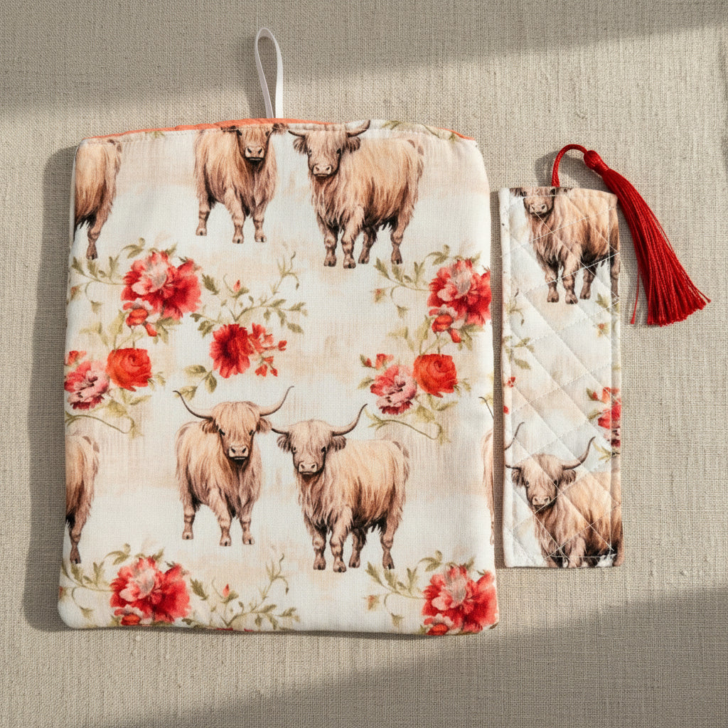 Book sleeve and matching bookmark with highland cow fabric 