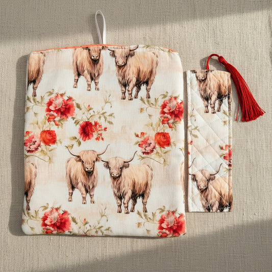 Book sleeve and matching bookmark with highland cow fabric 