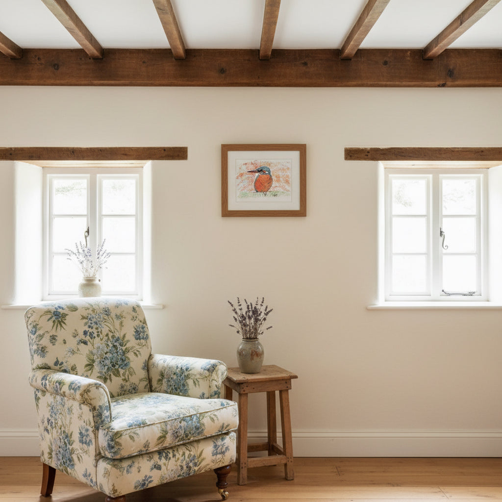 Framed kingfisher print on cottage wall
