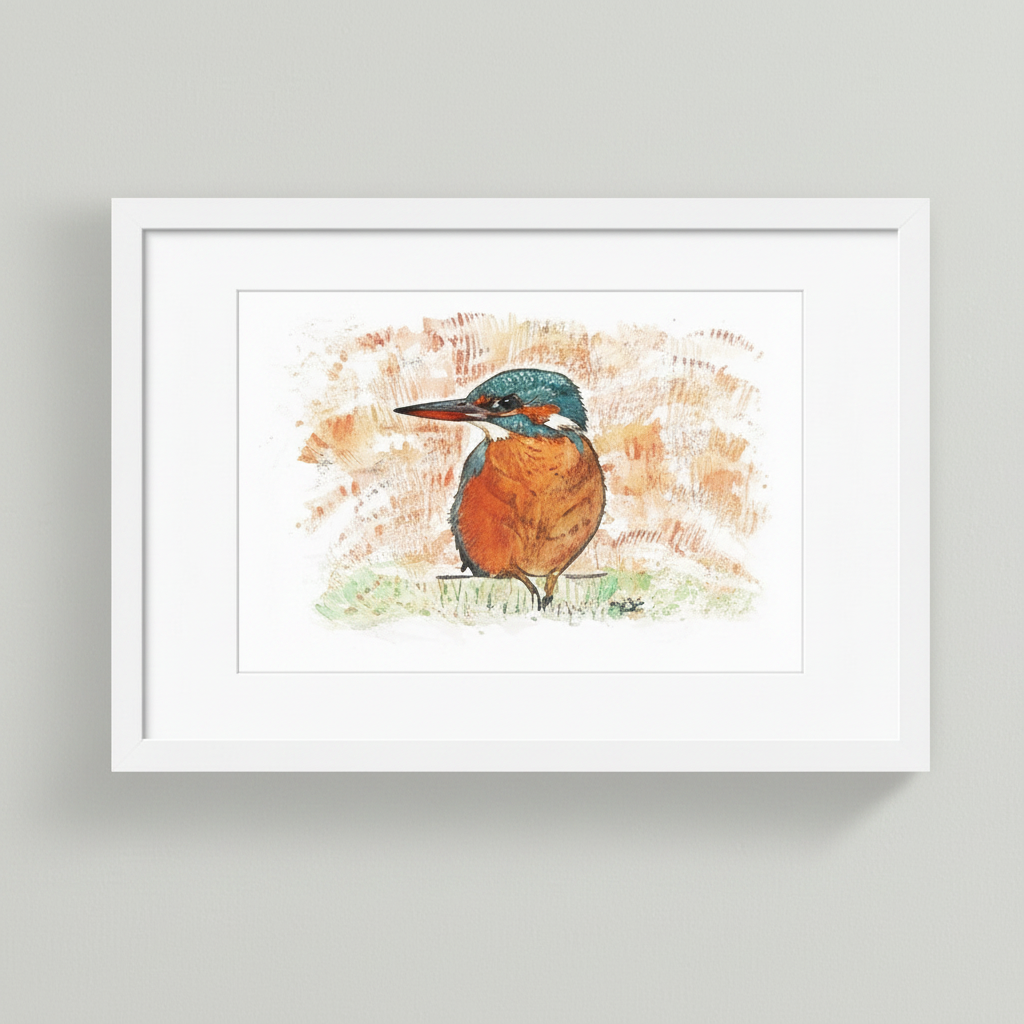 Framed artwork of a kingfisher bird with watercolour background