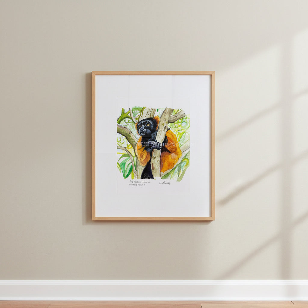 Original mixed media artwork of a red ruffed lemur in a tree