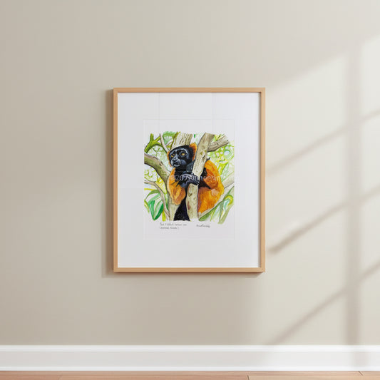 Original mixed media artwork of a red ruffed lemur in a tree