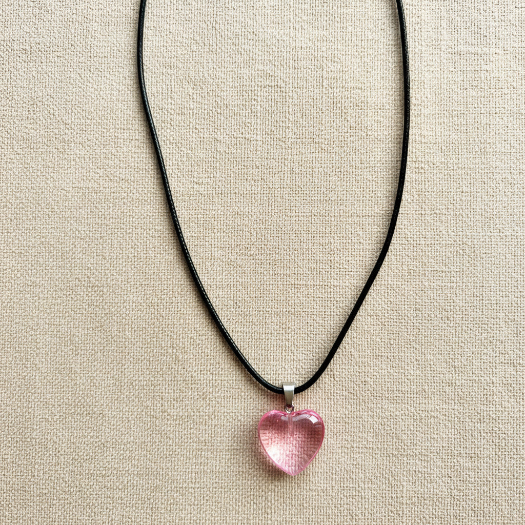 Necklace with a pink heart-shaped pendant on a neutral background