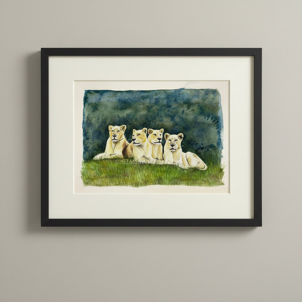 A watercolour and coloured pencil painting of four lionesses sitting in a grassy area with a blue dramatic sky background 