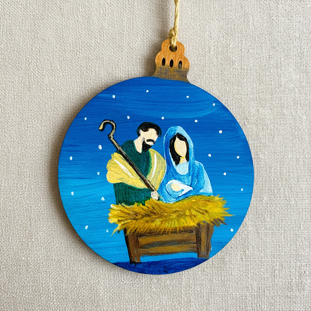 Decorative wooden ornament with a nativity scene on a blue background