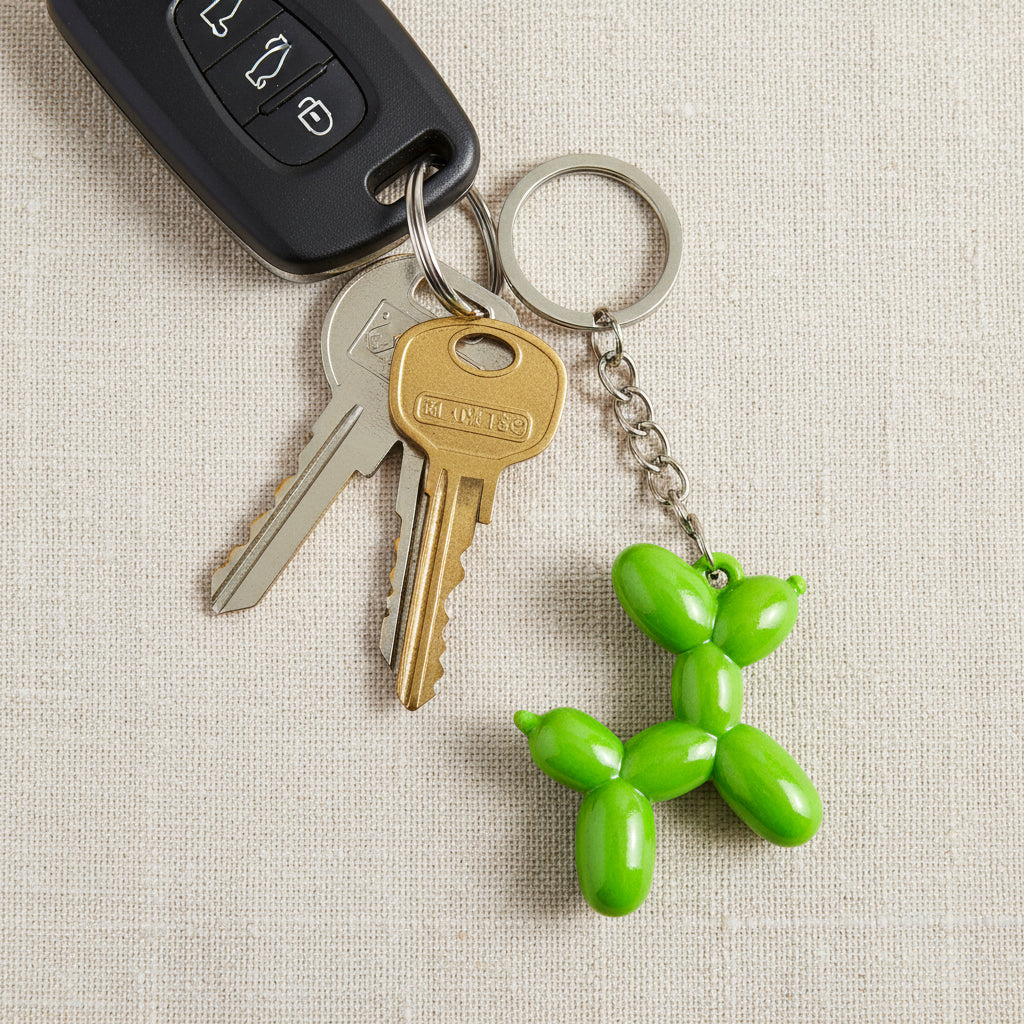 Green balloon dog keychain on a light background