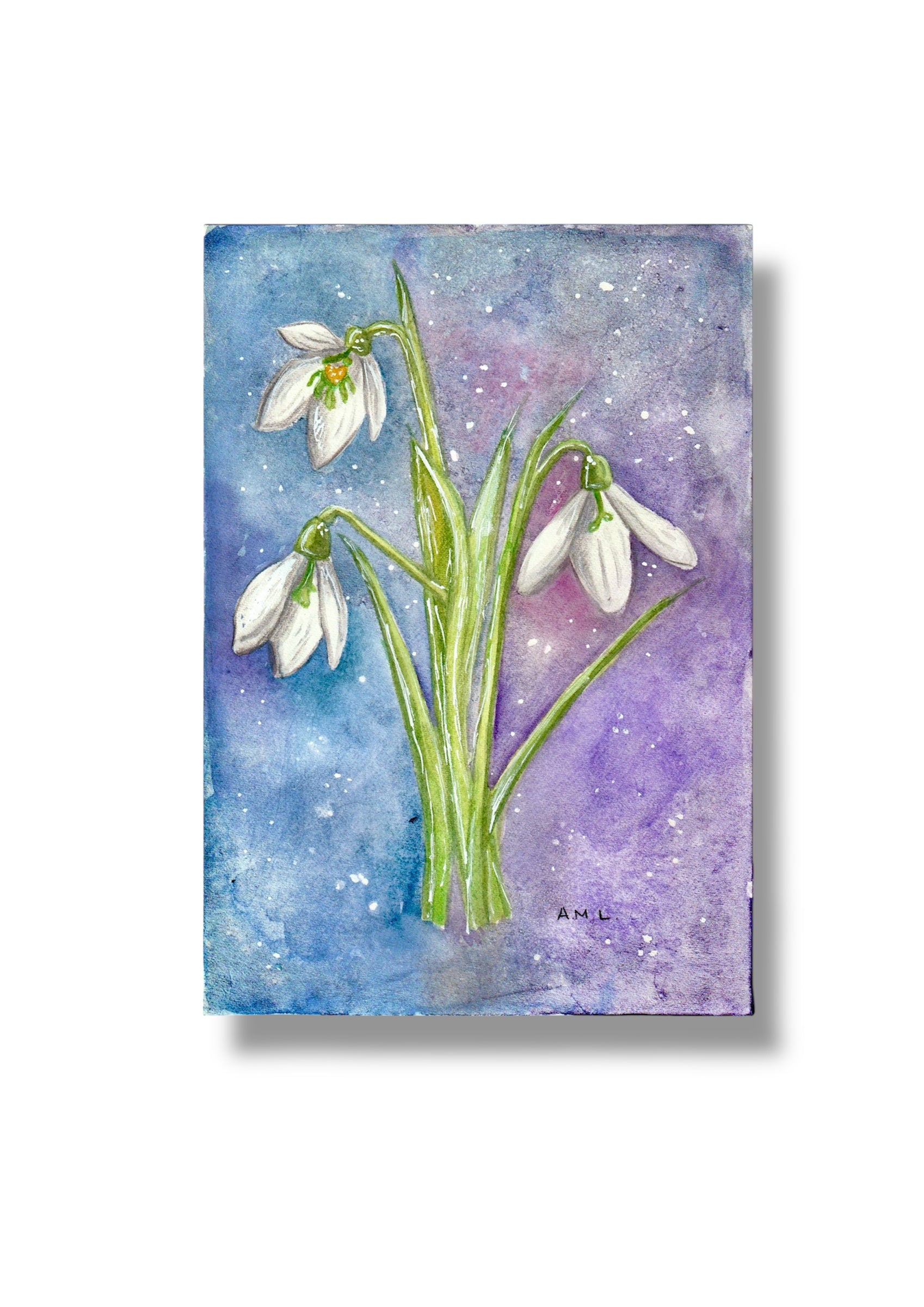 Painting of snowdrop flowers on a blue and purple gradient background