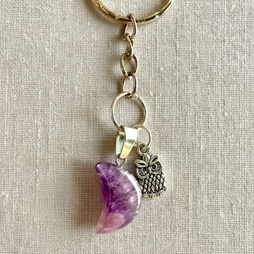 Keychain with purple crescent moon and owl charm 