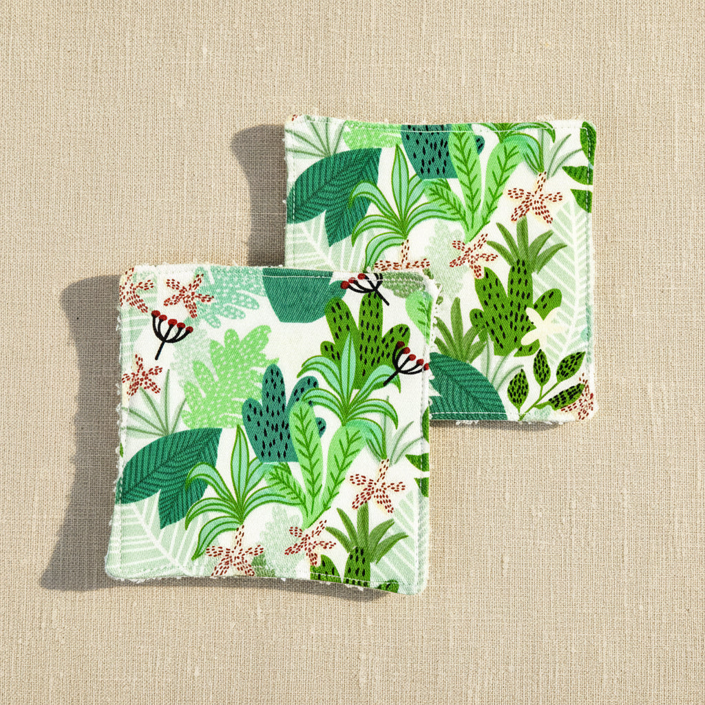 Set of two square botanical themed reusable face wipes