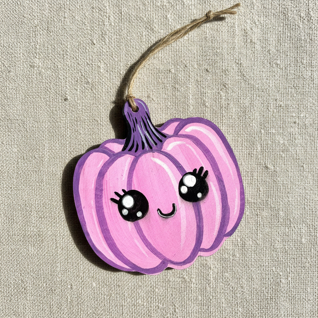 Pink pumpkin decoration with black eyes and a smile 