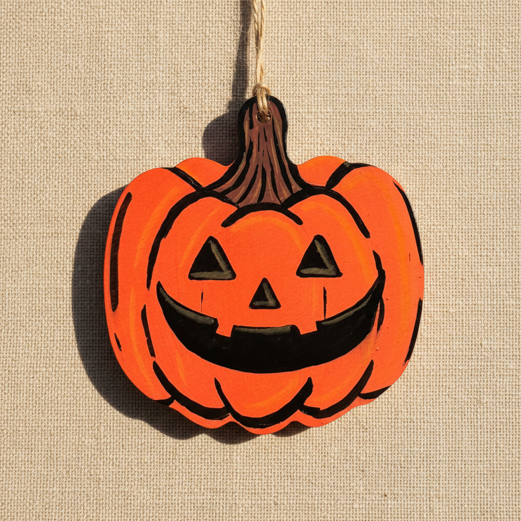 Pumpkin-shaped Halloween wooden ornament with a carved style painted face