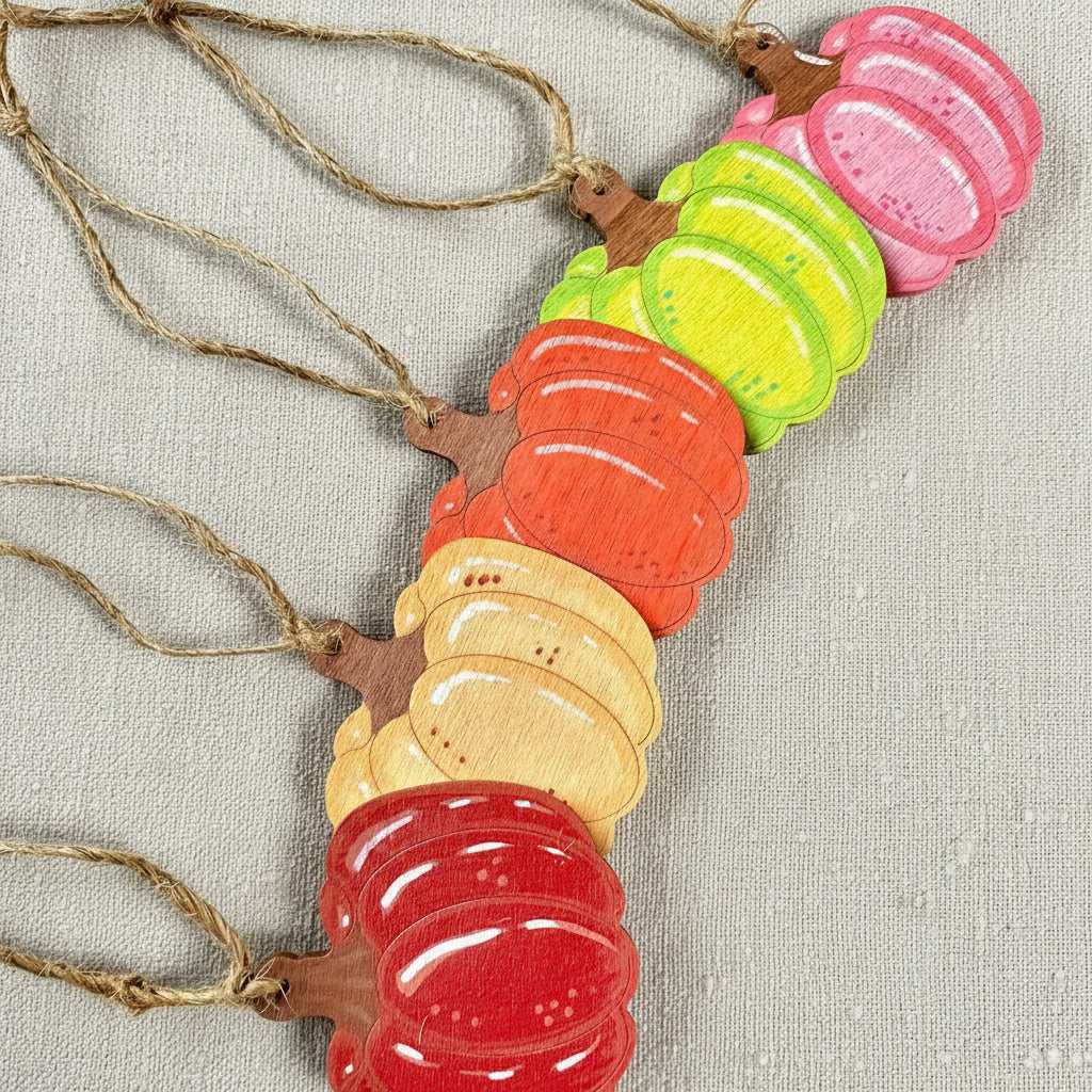 Decorative wooden pumpkins, set of 5 in different colours with natural twine to hang 