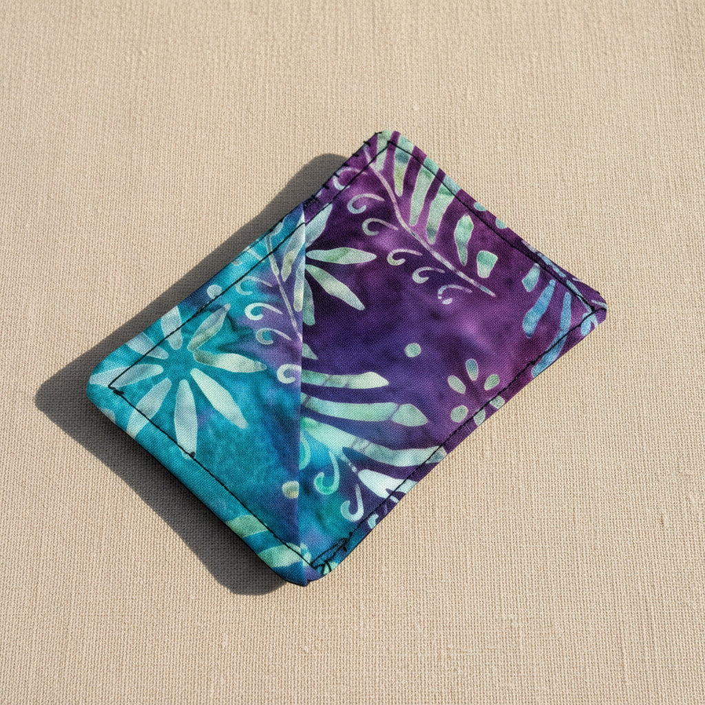 fabric corner bookmark with purple and blue floral pattern